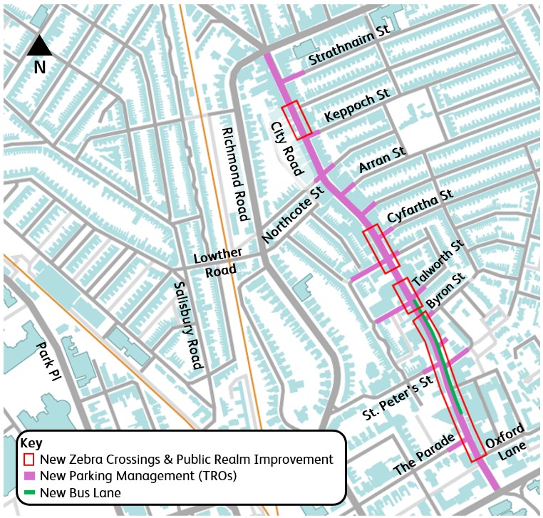 A plan is presented showing the changes to parking along Heol y Plwca and its side roads, including the locations of the zebra crossings, public land improvements and a bus lane. The Key reads "New Zebra Crossings and Public Land Improvements" denoted by a thin red boundary line, "New Parking Management (RPM)" denoted by a magenta line, and "New Bus Lane" denoted by a green line.