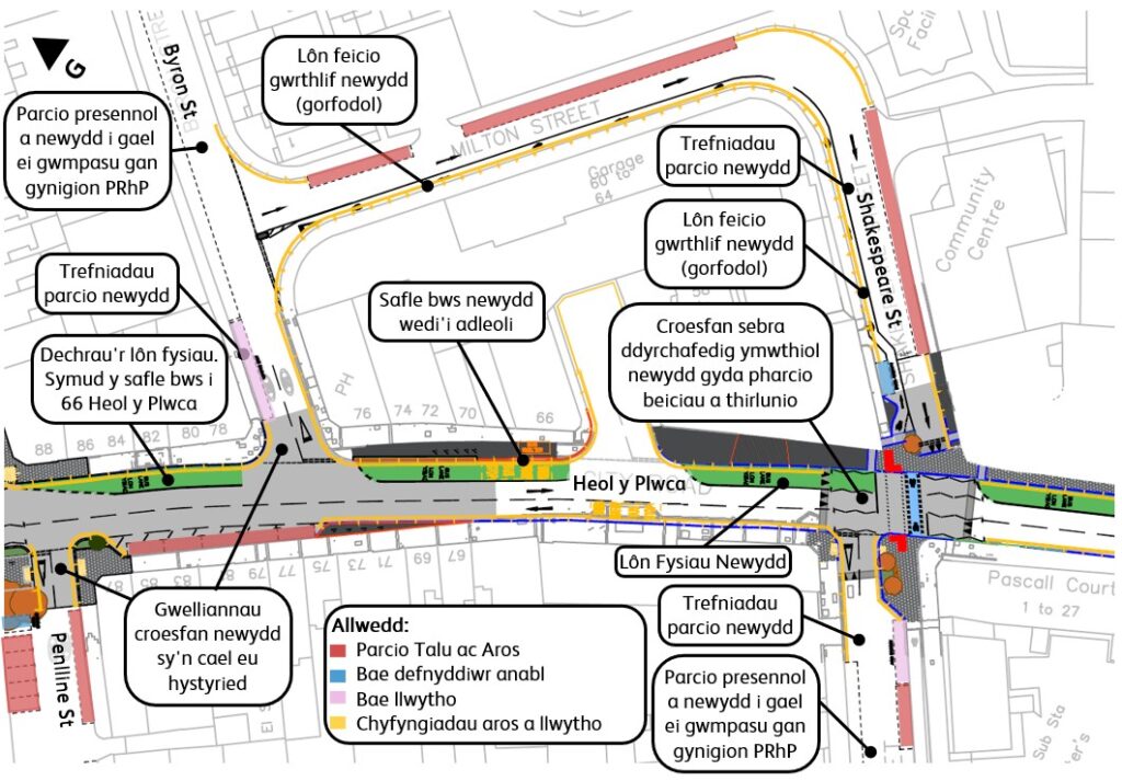 Dangosir darn o’r cynllun dylunio cysyniad o’r adran rhwng cyffordd Penlline Street, ar hyd Heol y Plwca i'r gyffordd â St Peter’s Street. Dangosir gwahanol labeli ar y cynllun yn disgrifio'r canlynol:
• "Parcio presennol a newydd i gael ei gwmpasu gan gynigion PRhP
• Trefniadau parcio newydd
• Dechrau'r lôn fysiau. Symud y safle bws i 66 Heol y Plwca
• Gwelliannau croesfan newydd sy'n cael eu hystyried
• Lôn feicio gwrthlif newydd (gorfodol)
• Safle bws newydd wedi'i adleoli
• Croesfan sebra ddyrchafedig ymwthiol newydd gyda pharcio beiciau a thirlunio
• Lôn Fysiau Newydd" 
Mae’r Allwedd yn darllen “Parcio Talu ac Aros" a ddynodir gan linell goch, "Bae defnyddiwr anabl" a ddynodir gan linell glas golau, "Bae llwytho" a ddynodir gan linell binc, a "Chyfyngiadau aros a llwytho" a ddynodir gan linell oren. 
