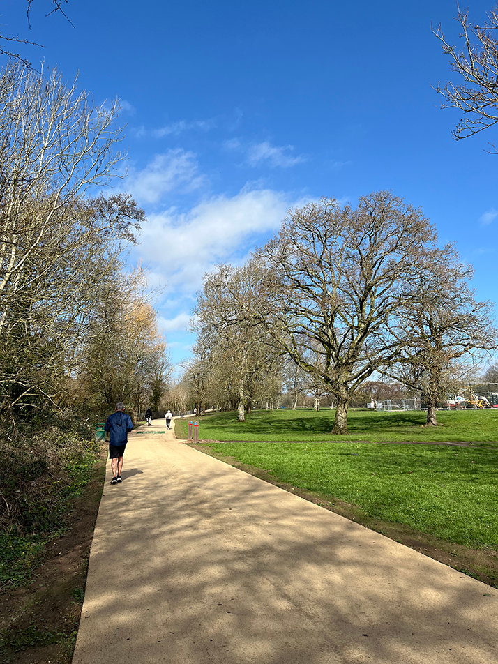 Male and female walking on a tree lined buff coloured path through a park on a sunny day.