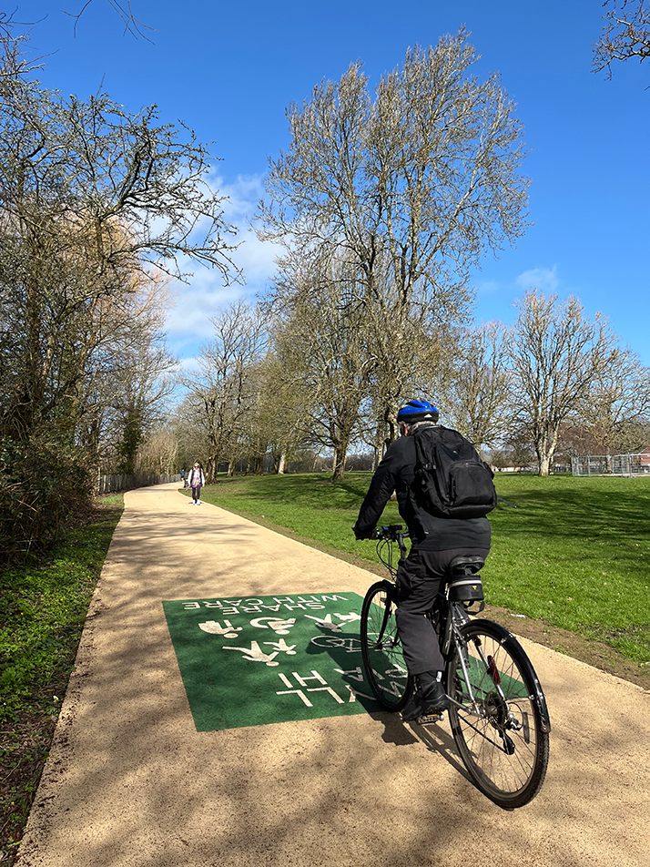 Male cyclist cycling on a buff coloured path through a park on a sunny day with a person walking towards him. Green share with Care path marking visible on the path surface